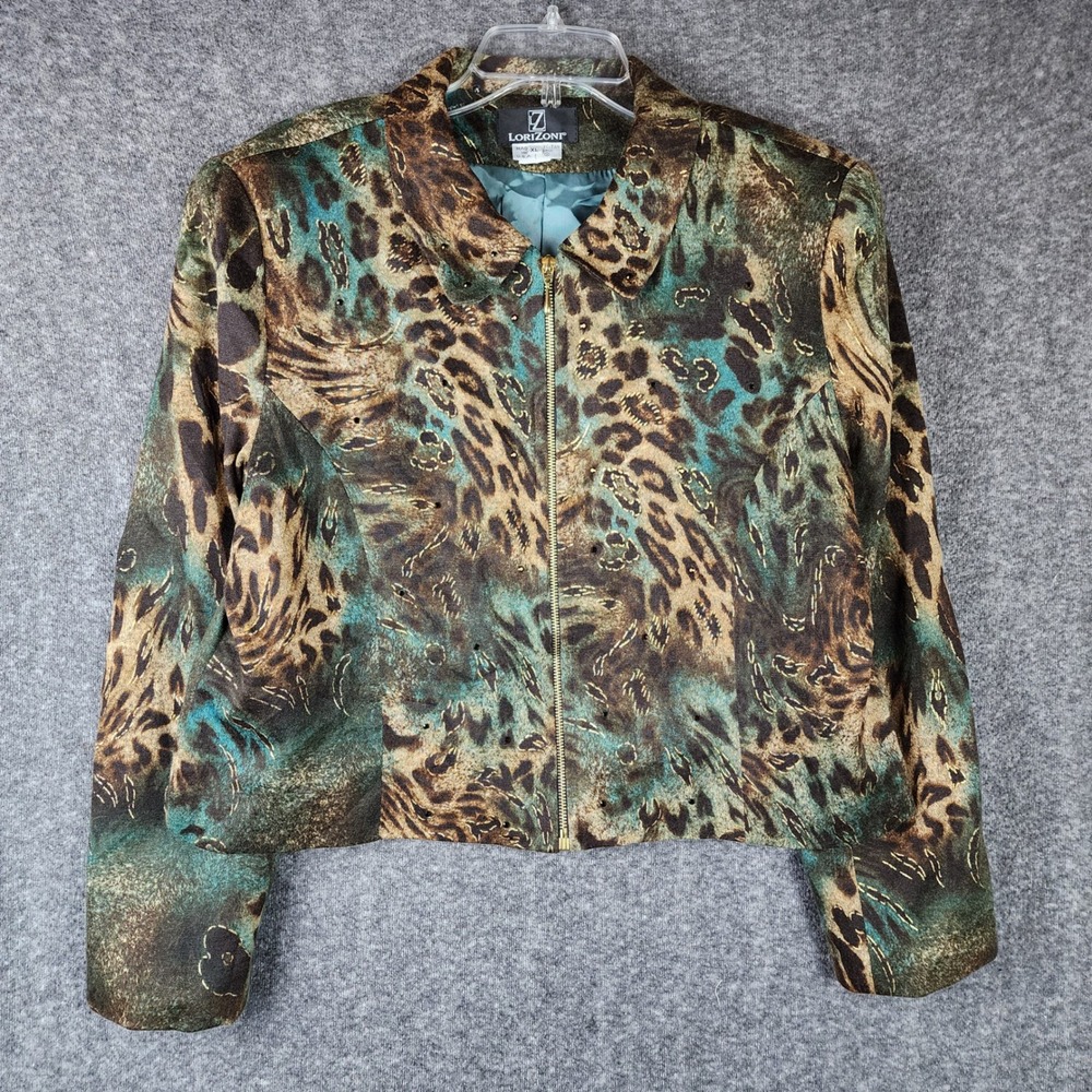 Lorizoni Jacket Womens XL Vintage Silk Teal Brown Animal Print Zip Up EUC